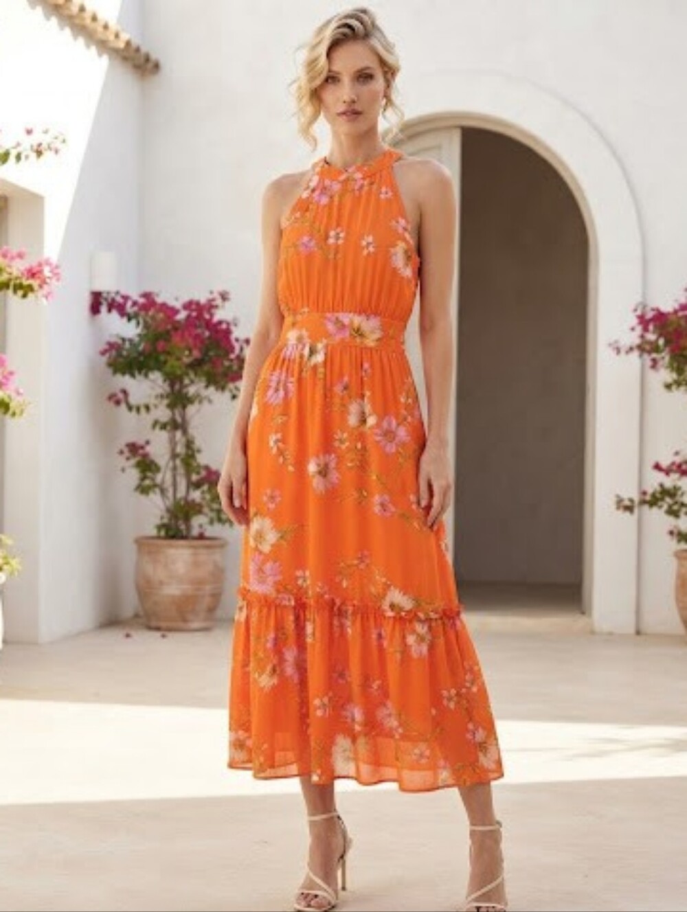 Emma & Michele Orange Floral Halter Maxi Dress
